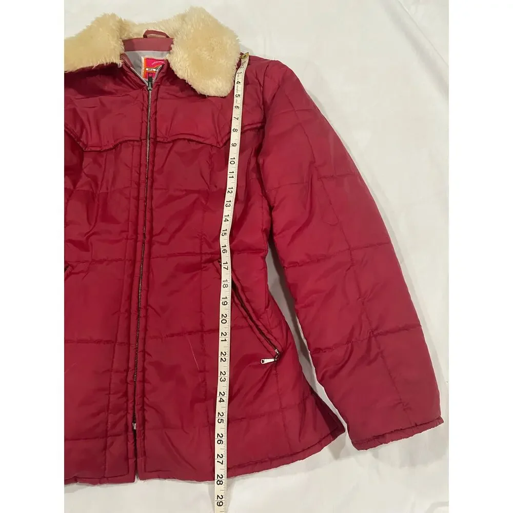 Vintage Ms. Pioneer 70s 80s Red Puffer Coat Faux Fur Collar Size 14 Girls